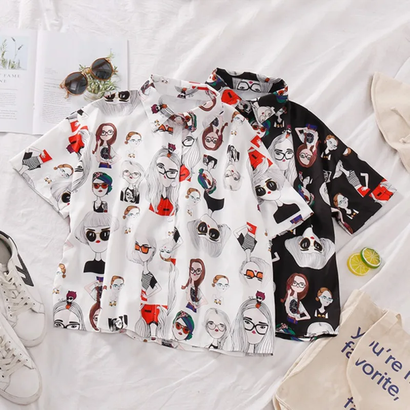 

Women Retro Summer Shirt Short Sleeve Lapel Casual Blouse Cartoon Print Slim Blouse