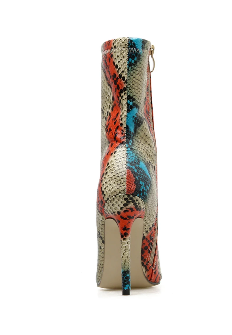 ELVIRAS; разноцветные женские полусапожки из змеиной кожи; зимние модные сексуальные женские сапоги из змеиной кожи; ботильоны на высоком каблуке с острым носком на молнии