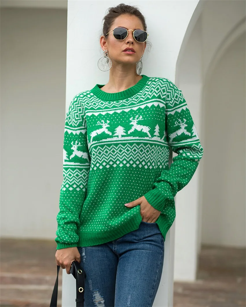 Осень и зима Рождественский свитер женский, с круглым вырезом пуловер с длинным рукавом с рисунками олененка с длинными рукавами