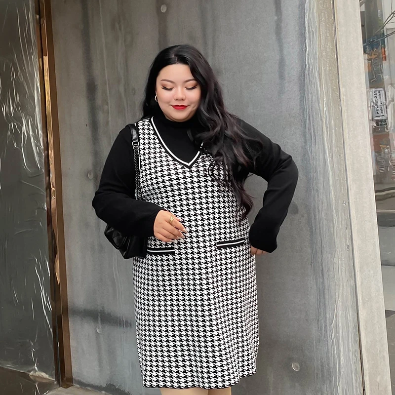 

Oversize Spring Autumn Women Knitted Dress Classic Houndstooth Sleeveless Vest One-Piece For Female Clothing 2020 New