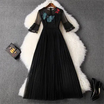 

Fashion Runway Dress Women 2020 Spring Designers Flare Sleeve Beading Butterfly Pleated Mid Calf Sexy Black Tulle Party Dress