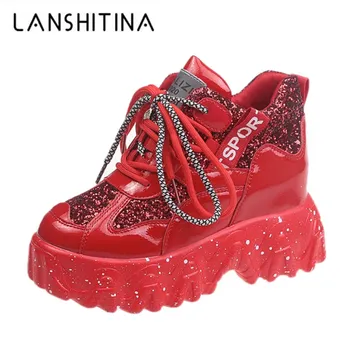 

2020 Spring Women Chunky Sneakers Designer Dad Shoes Platform Shining Red Ladies Ulzzang Leather Shoes Breathable Casual Shoes