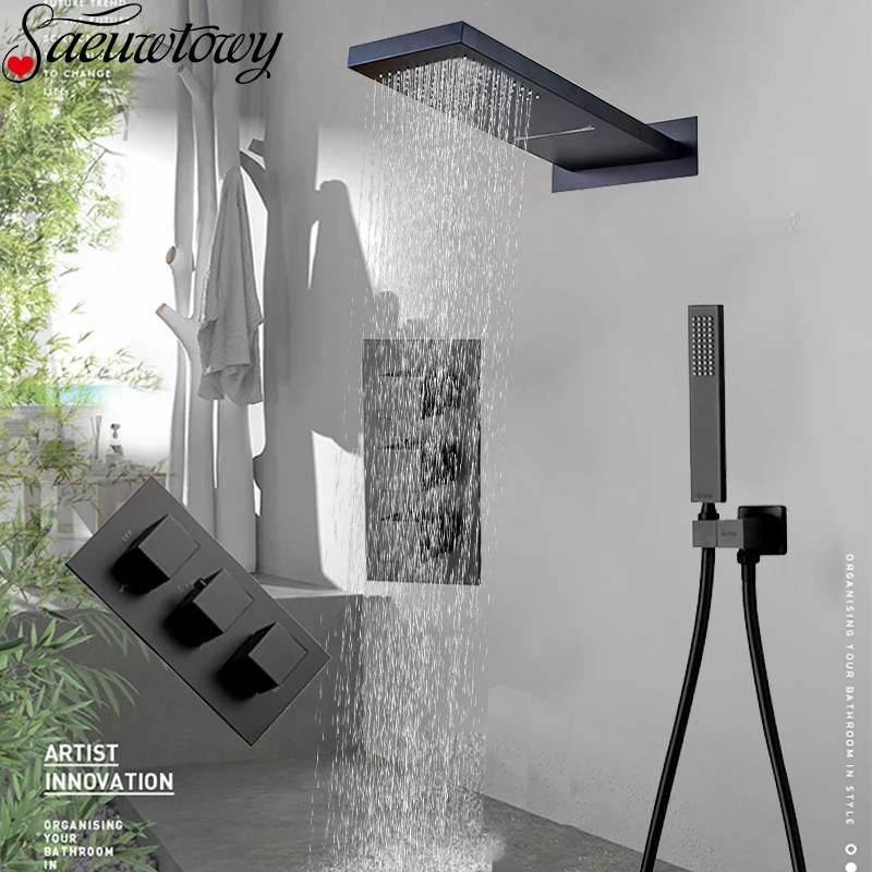 Thermostatic shower system Waterfall shower faucet Wall mounted column Hot and cold mixing valve bathroom shower faucet set thermostatic mixing valve