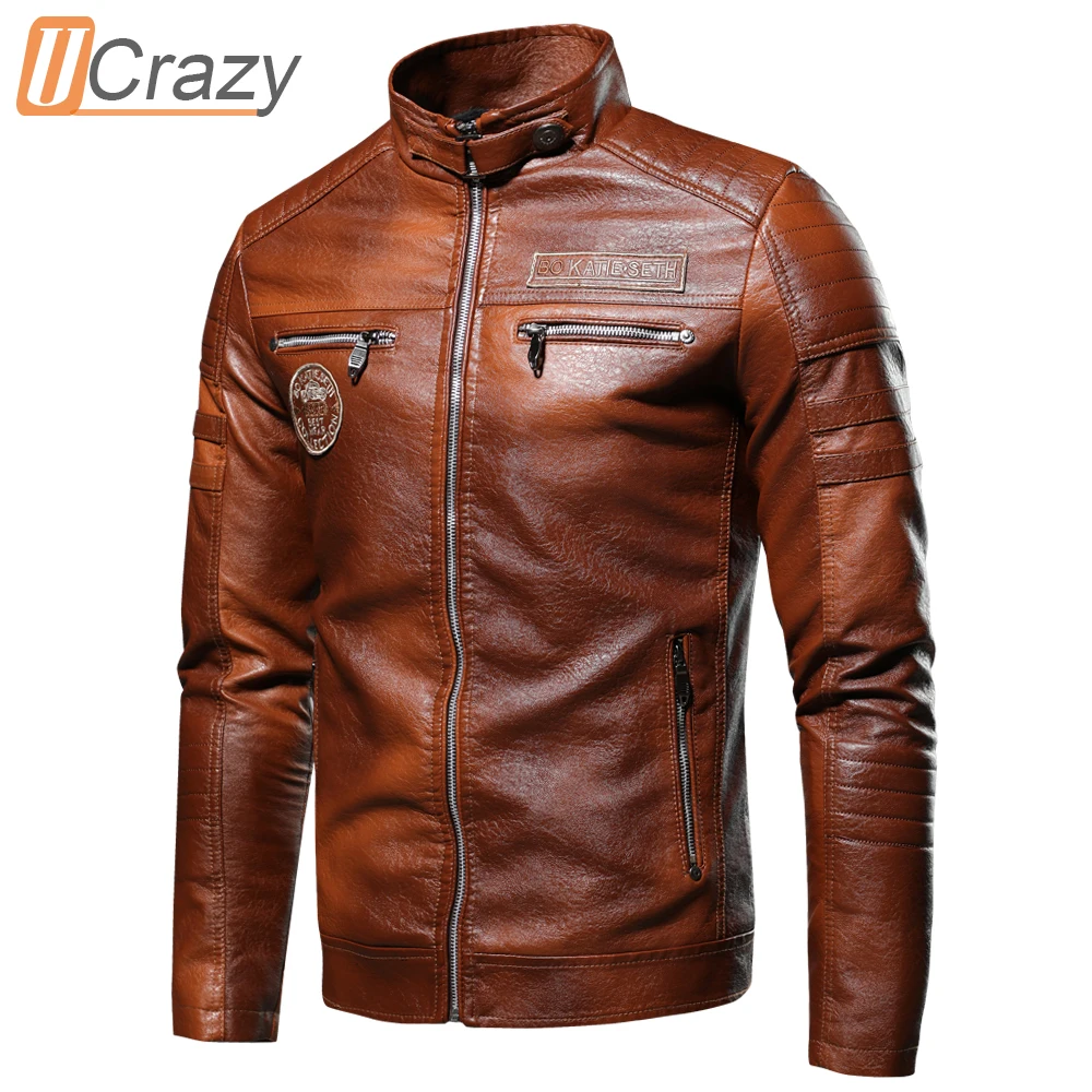 Liquidación Ucrazy-Casaca de cuero desgastado para hombre, chaqueta de imitación con cuello alto estilo clásico, casual, prendas de vestir de marca para otoño e invierno, 2020 5ByKdkl0m