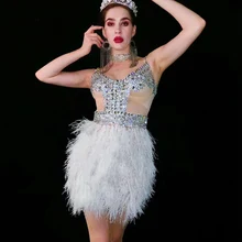 

Women Crystals Feather Dress Birthday Celebrate Mesh Outfit Bar Women Stage Dance Costumes Evening Party Perspective Club Dress