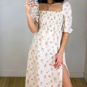 

Cemi Ceri French Niche Romantic Floral Printing Midi Dress Creamy-White Lantern Sleeve Thigh Split Skirt 100% Linen Cotton Woman