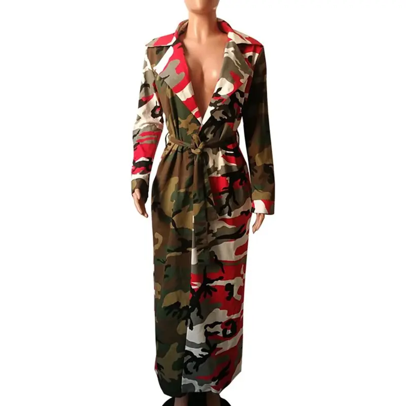 Военный Повседневный Камуфляжный тренч для женщин, одежда размера плюс, осень, уличная одежда, армейская зеленая ветровка, женские длинные пальто