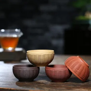 

4pcs/set Purple Clay Teacup Set Kung Fu Ceramic Bamboo Knitted Shape Tea Cup Handmade Crafts Chinese Drink Tea Tool