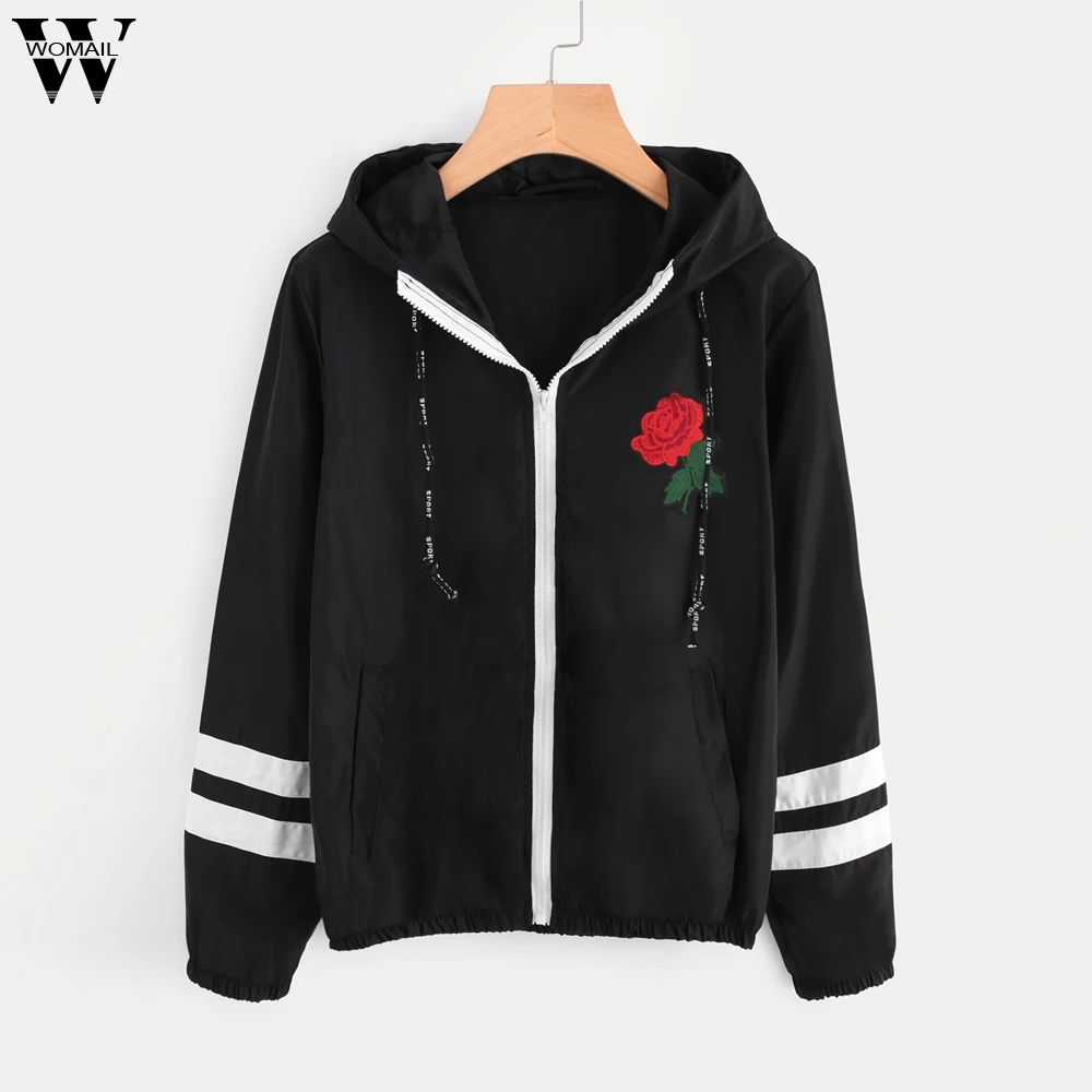 

Womail Women Jacket Windbreaker Long Sleeve Rose print Bomber Thin with Pockets Hooded Fashion Sport Basic Jackets Outwear