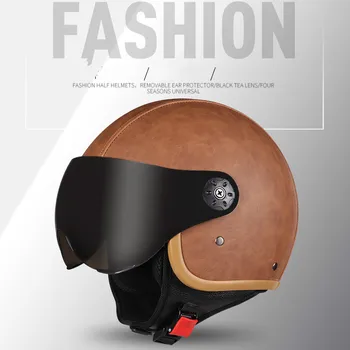 

Motorcycle Helmet Half Face ABS Motorbike Leather Brown Helmet Safety Double Lens Helmet Moto Casque for Women/Men C120