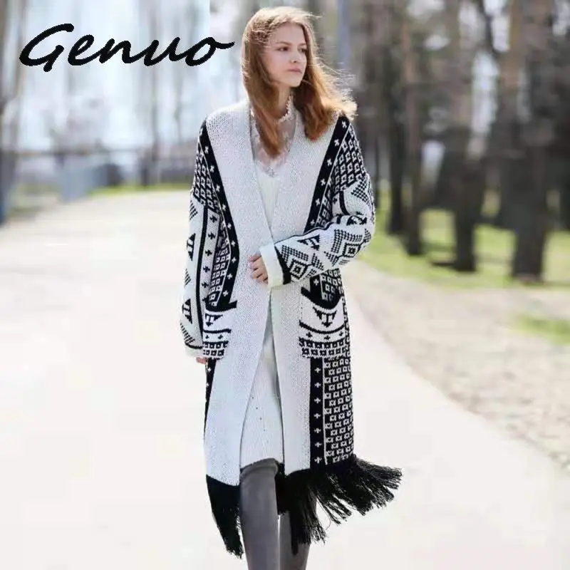 

Genuo New Boho Tassels Knitted Winter Cardigans Sweater Women Plus Size Warm Coats Long Cardigans Feminino 2019 Autumn Winter