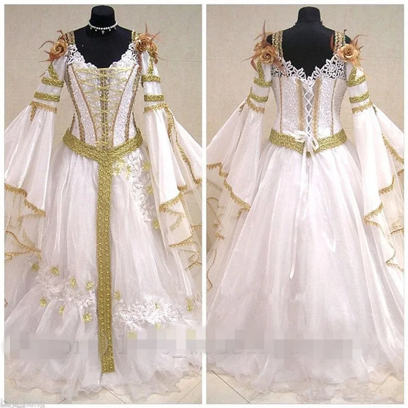 

2020 Medieval Vintage Wedding Dresses Celtic Halloween Long Sleeve gold Lace Appliques Back Lace Up plus size Bridal Gown