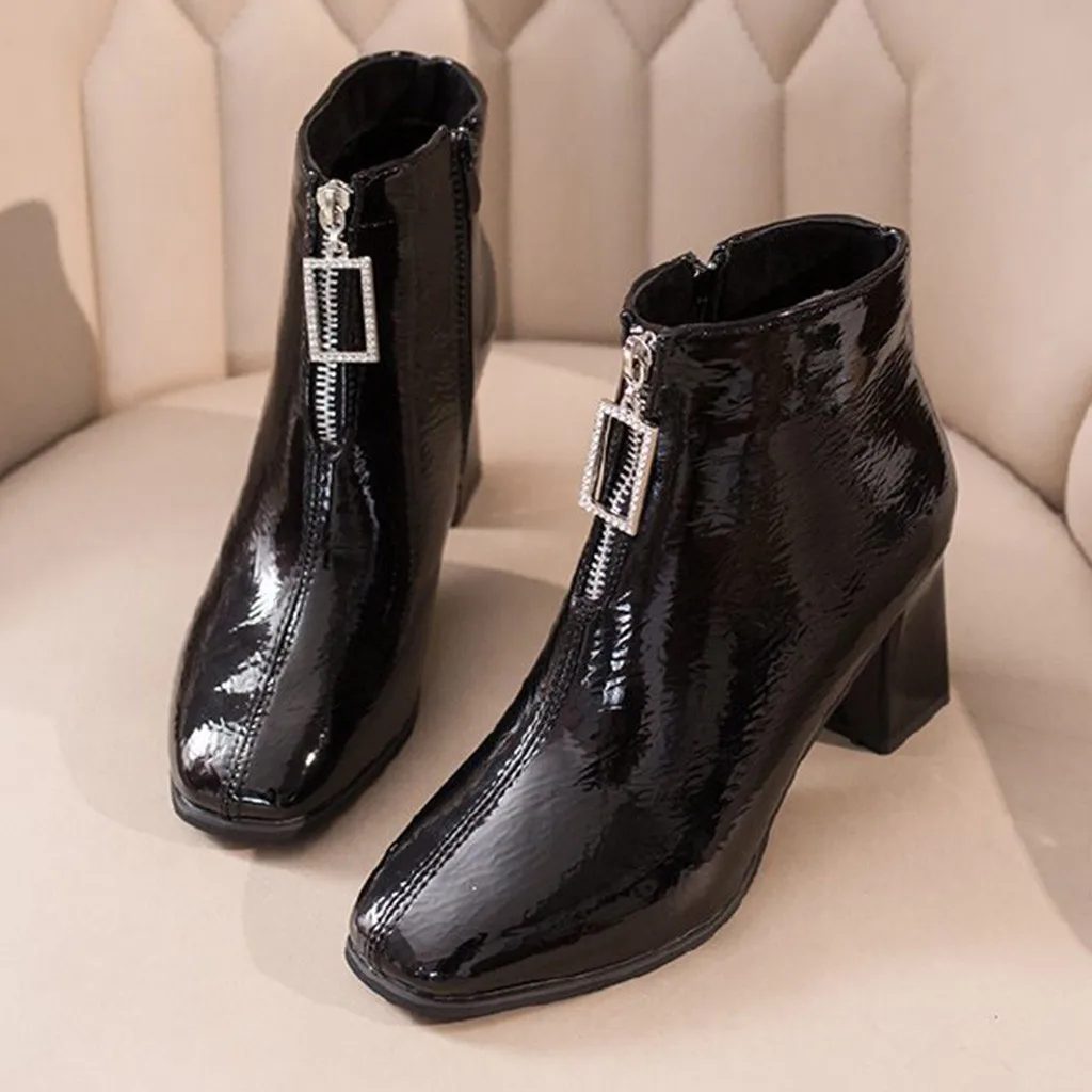 

New 2019 Leather Short Boots Women Zipper Solid Color Square root Heel Square Toe Shoes woman sexy Ladies Ankle Party Boots