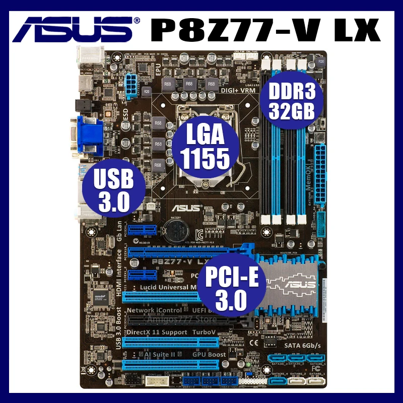LGA 1155 DDR3 ASUS Motherboard P8Z77-V LX LGA 1155 DDR3 i3 i5 22/32nm CPU  USB3.0 32GB SATA3 Intel Z77 Desktop mainboard 32GB