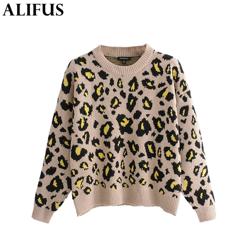 

Fashion Za Women 2019 Autumn Leopard Pattern O-Neck Sweater Casual Long Sleeve Loose Knitting Pullovers Sweaters Jumper Ladies