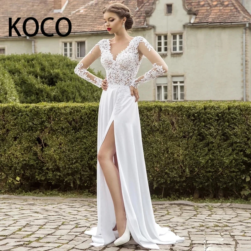 『Cheap!!!』- MACDUGALL Boho Side Slit Chiffon 2021 Wedding Dresses
Lovely V-neck Applique Long Sleeve Lace Sweep Train Novia