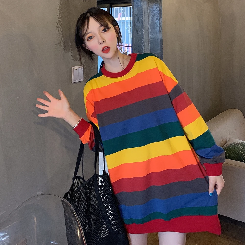 

Hot Sale Korean Style Candy Rainbow Color Sweatshirt Autumn Spring Female Long Loose Hoodies Women Top Striped Casual Pullover