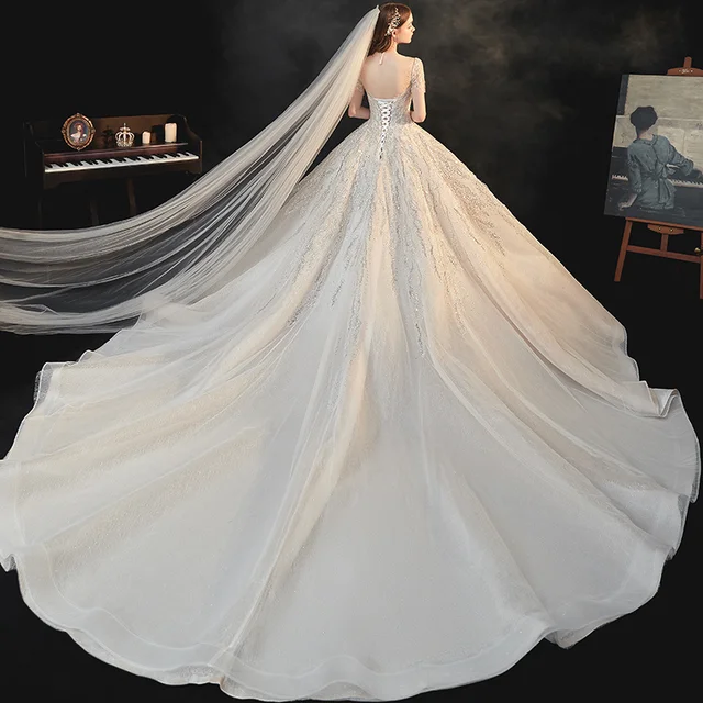 HLF14 Beading Wedding Dress Appliques Lace Short Sleeve High Waist Princess Ball Gown Robe Mariage Femme Noiva 2