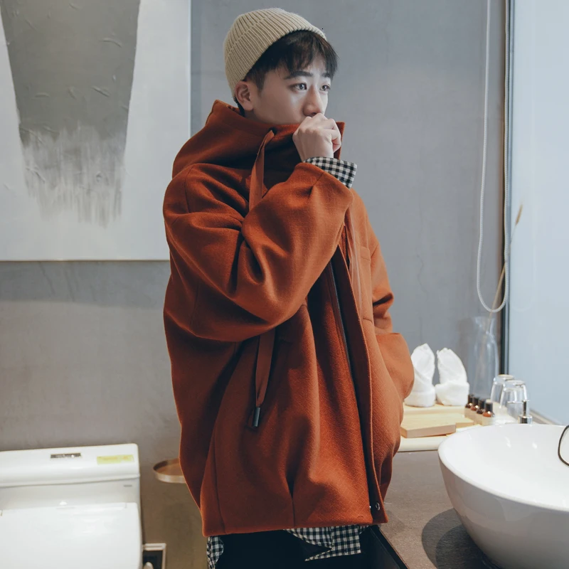 

Winter Woolen Coat Men Fashion Solid Color Casual Hooded Woolen Jacket Mens Streetwear Loose Overcoat Coat Male Clothes