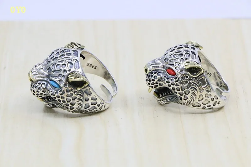 Большое леопардовое кольцо из серебра 100% пробы мужское регулируемое ретро с