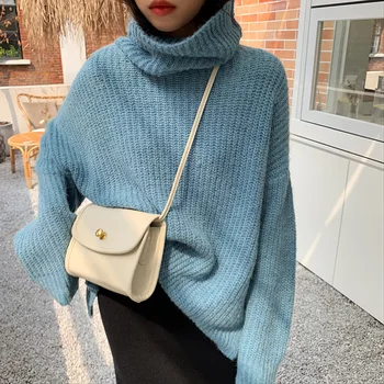 

Lazy Wind Solid Color High Neck Knitted Sweater Women 2019 Winter Korean Shoulder Fall Warm Sweater