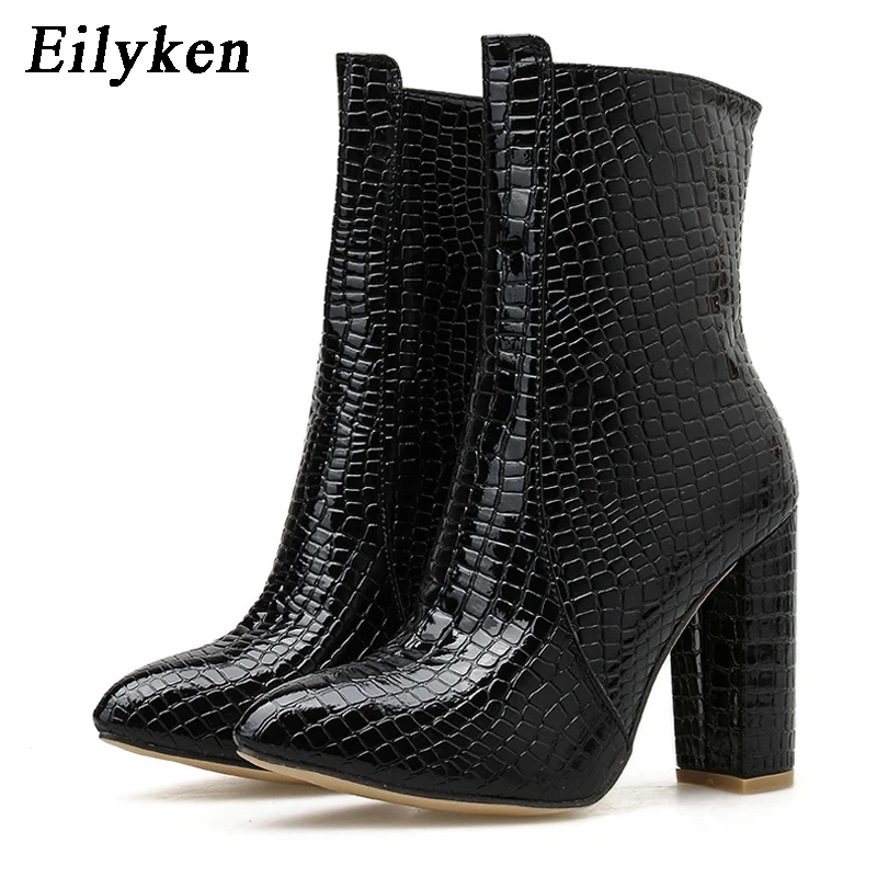 Eilyken/ г. Осенние женские ботильоны зимняя обувь из искусственной кожи под змеиную кожу женские туфли-лодочки ботинки на квадратном каблуке на молнии размер 41, 42