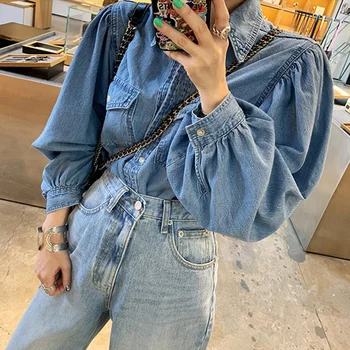 

Fashion new denim shirts women stitching loose denim long-sleeved shirt coat