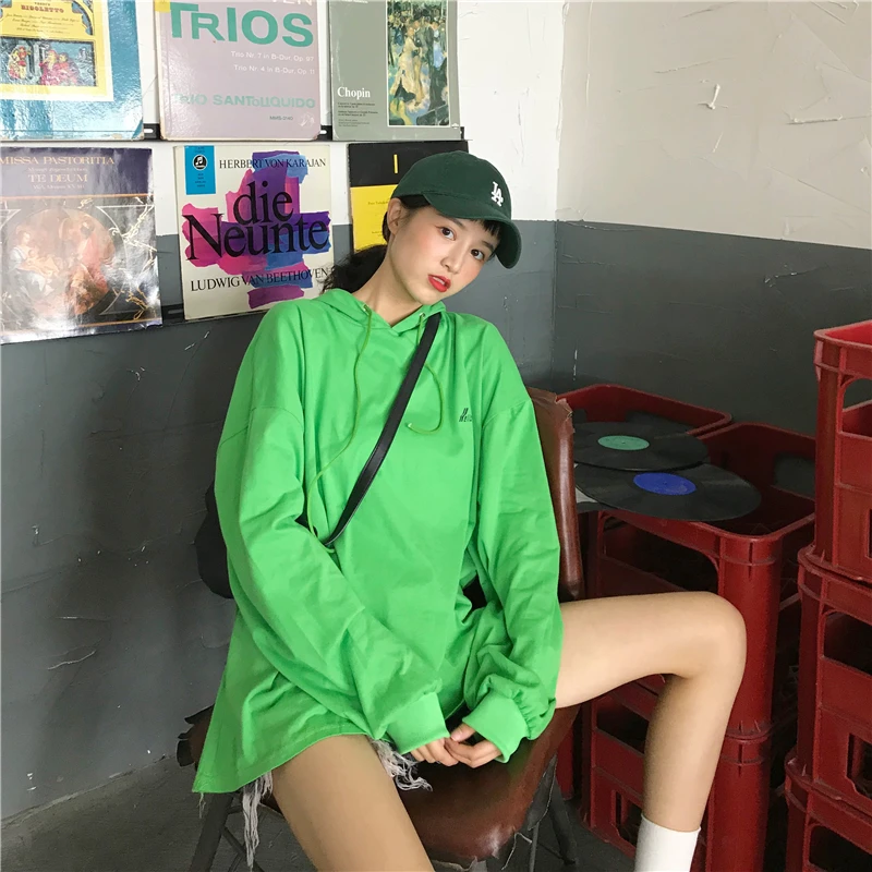 Qlychee Harajuku однотонная зеленая женская футболка с капюшоном с длинным рукавом Женские футболки с капюшоном Осенняя Свободная Женская футболка с капюшоном