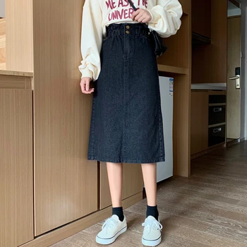 

Slim High Waist Midi Jean Side Slit Skirt Women A-line Loose Streetwear Skirts Female Pockets Denim Skirts 2020 Autumn Winter