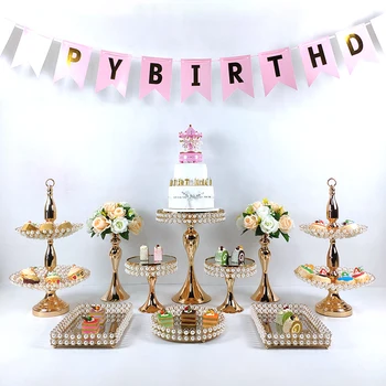 

7-10pcs Pearl cake table Gold Accessory Tray Dessert Metal for Wedding Mirrors Cake Stand Decorating Wedding Cupcake