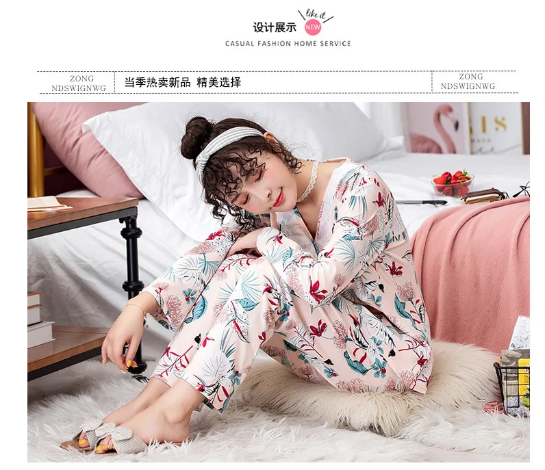 M-2XL большой размер, свободный женский пижамный комплект, Повседневная Пижама с v-образным вырезом, пижама с принтом, осенняя зимняя Пижама