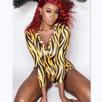 

Sexy Women Deep V-neck Bodycon Sleepwear Jumpsuit Shorts Romper Lady Leotard Long Sleeve Print Button Bodysuit Womens Home Wear
