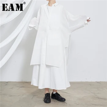 

[EAM] Women White Perspective Big Size Long Blouse New Lapel Long Sleeve Loose Fit Shirt Fashion Tide Spring Summer 2020 1X947
