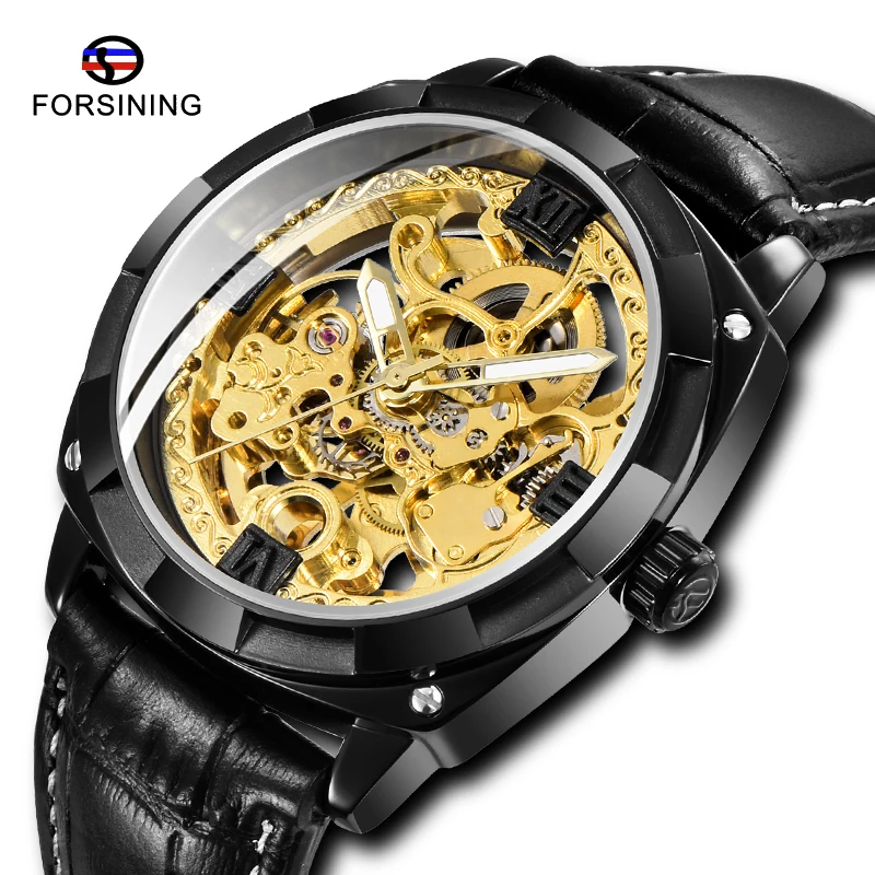 

Creative FORSINING Royal Golden Flower Transparent Leather Band Men Automatic Watch Waterproof Mechanical Wristwatch
