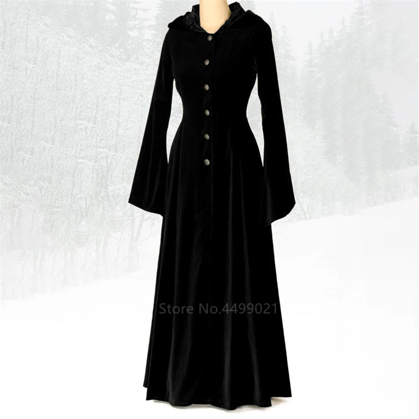 Хэллоуин женский средневековый Викторианский вампир ведьма косплей костюм маскарад Готический Элегантный суд Ретро Твердые с капюшоном Макси платье - Цвет: Black