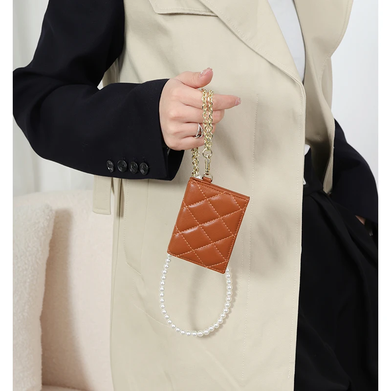 

COMFORSKIN Luxurious Sheepskin Female Small Student ID Bag Chain Hanging Neck Work Card Holder Multi-card Business Card Cases