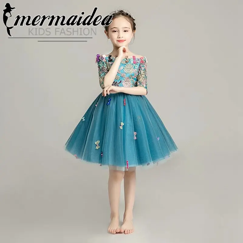 

Children Girls Model Show Performance DressAutumn New Half Sleeves Shoulderless Embroidery Birthday Evening Party Prom Gift