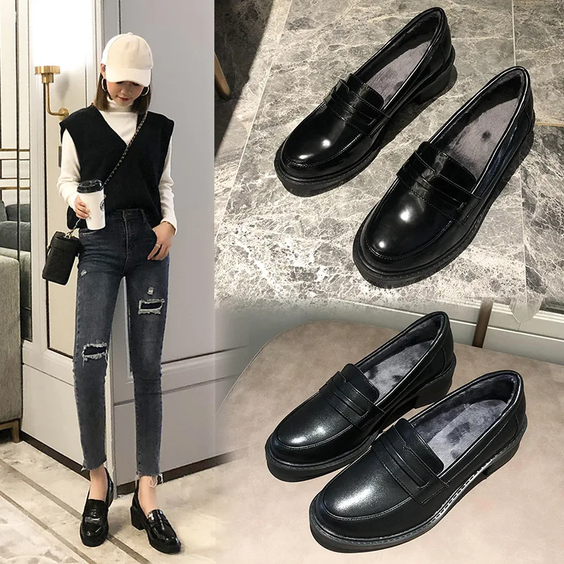 

Black And White with Pattern Small Leather Shoes Women's 2020 Spring New Style Students England Flat Keel Thin Shoes round-Toe S