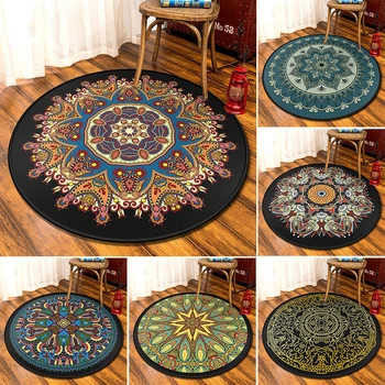 

Bohemian Mandala Ethnic Style Round Carpet Soft Black Carpets Living Room Anti-slip Rug Chair Floor Mat for Home Office Decor