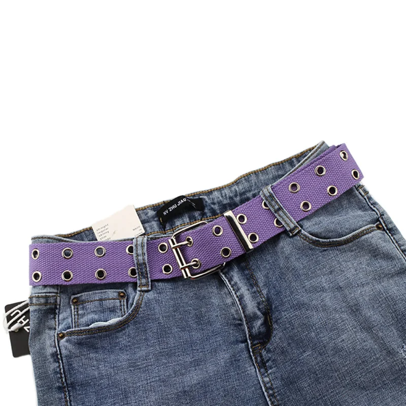 Women Studded Grommet Hole 2 Row Pin Buckle Canvas Nylon Belt Waistband 