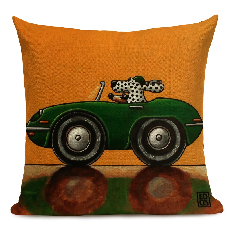 Hot Sale Pillow Lovely Cartoon Dog Cat Color Driving Car Vintage Almofadas 45X45CM Linen Pillow Decorative Linen Cushion Cover