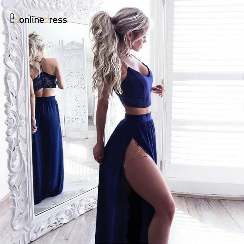 

Party-Gown Two Pieces Prom Dress Chiffon A-Line Long Prom Dresses 2020 Spaghetti Strap Evening Gowns vestido de festa