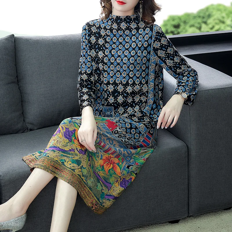 

National Wind Retro Half-Turtle-Neck Middle-aged Women Dress Dress Mid-length 2019 Autumn Clothing New Style Loose-Fit Printed B