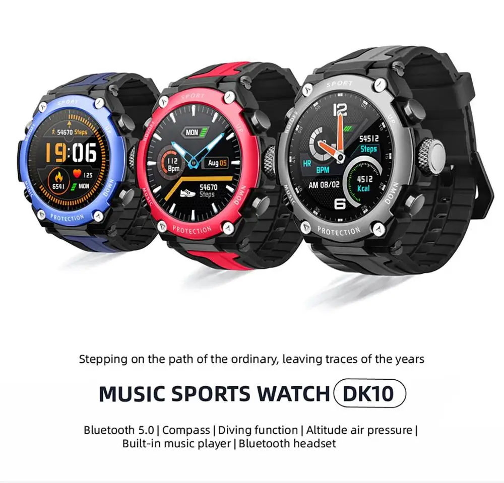 DK10 Bluetooth Музыка Смарт часы высота дайвинг часы IP68 Водонепроницаемый сердечного ритма фитнес спортивные часы погода для Android IOS