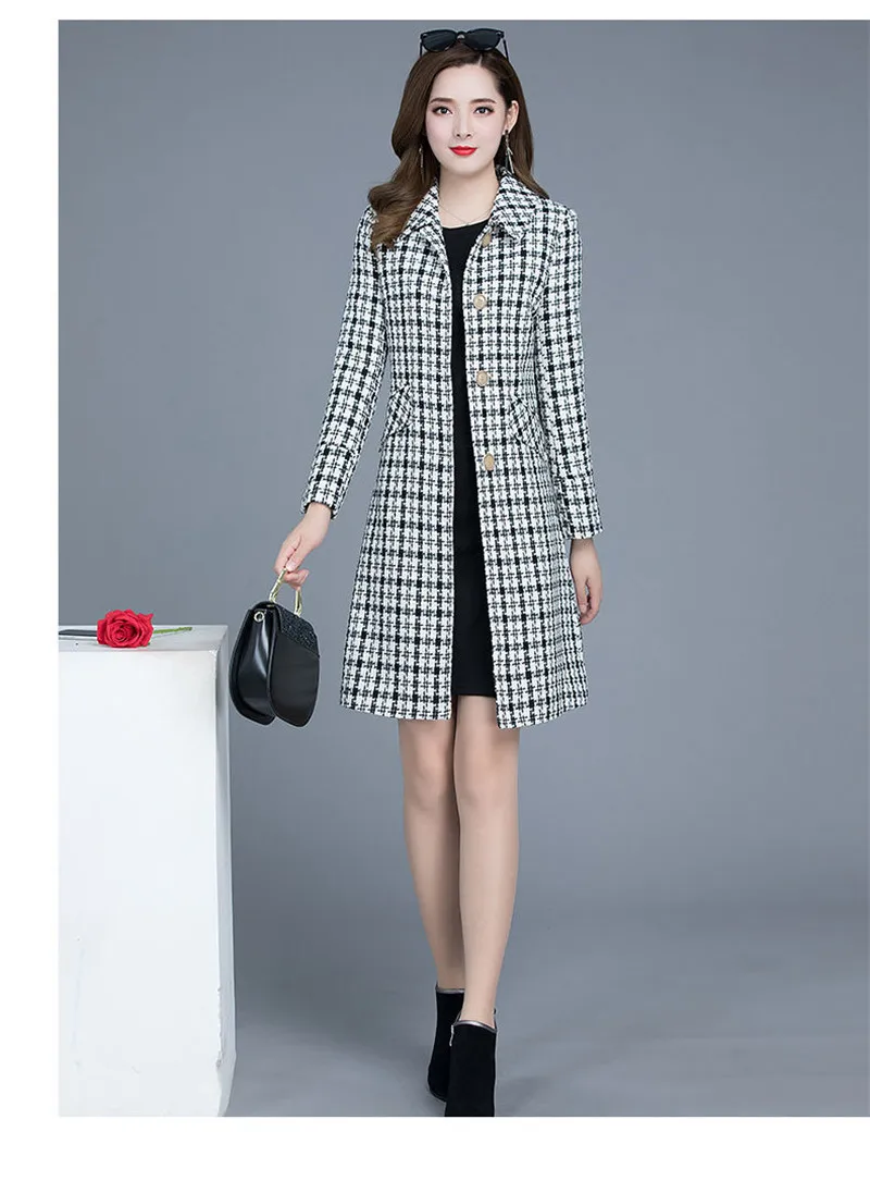 casaco de lã xadrez jaqueta slim tamanho casaco longo com botões