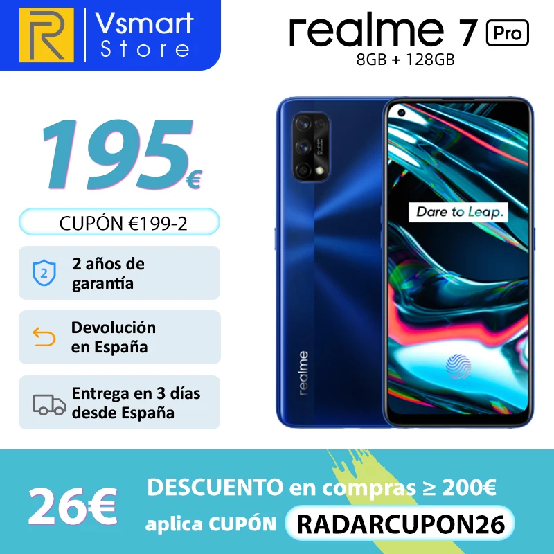 realme 7 Pro Versión Global 8GB 128GB Smartphone Snapdragon 720G 6,4 Pantalla AMOLED 64MP Quad cámaras 65W SuperDart cargo NFC; código: RADARCUPON26 (200€-26€)05ESOW20(€150-20)
