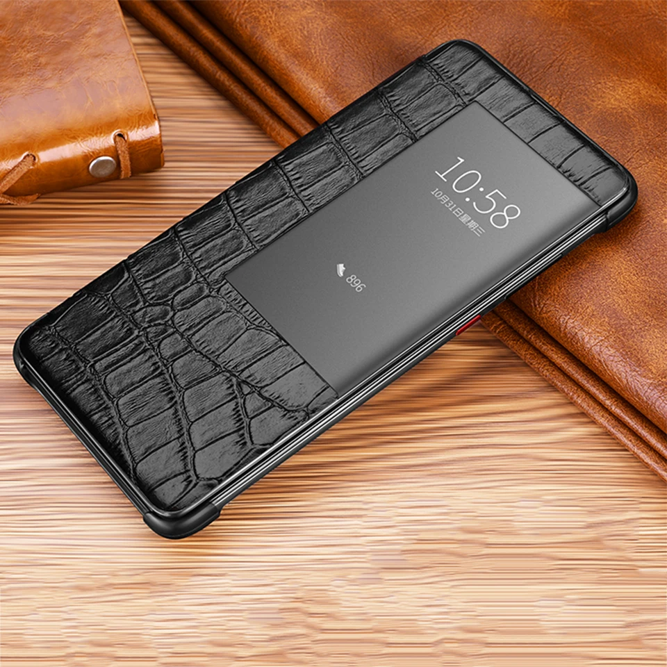 Черный Роскошный Смарт-сенсорный флип-чехол для huawei mate20 p30 p20 mate10 Pro lite, кожаный чехол с окошком для телефона с защитой от крокодиловой кожи - Цвет: Черный