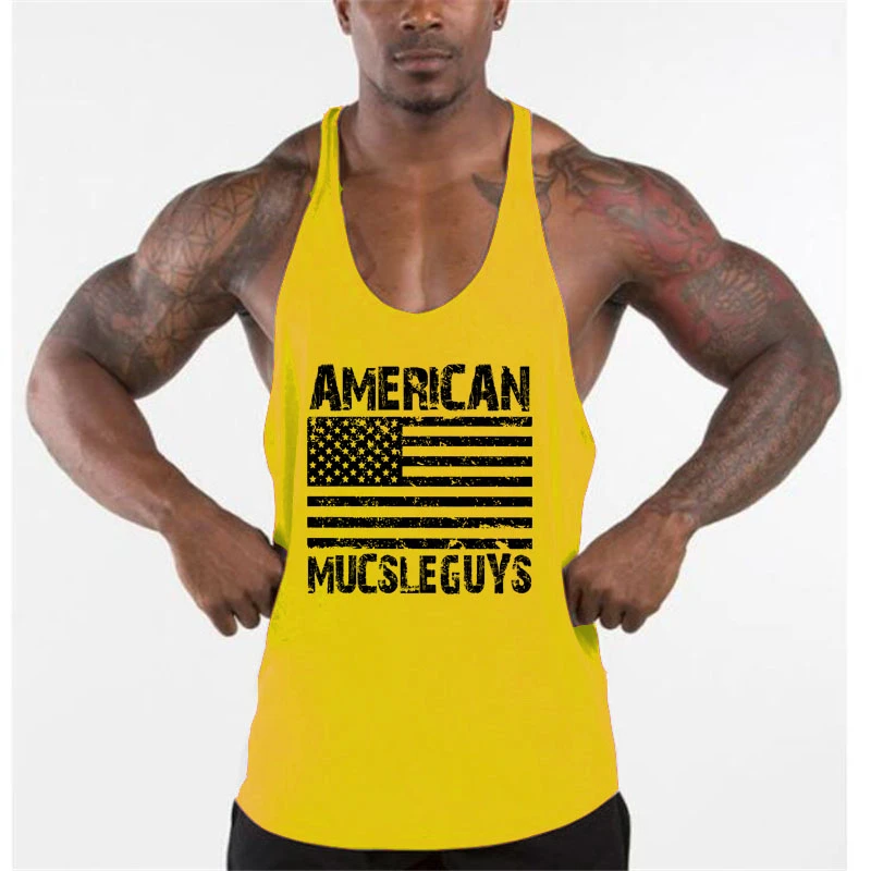 Yellow Brand Gym Clothing Bodybuilding Mens Back Tank Top Vest Muscle Fashion Sleeveless Stringer Singlets Fitness Workout Sports Shirt - Color: Yellow