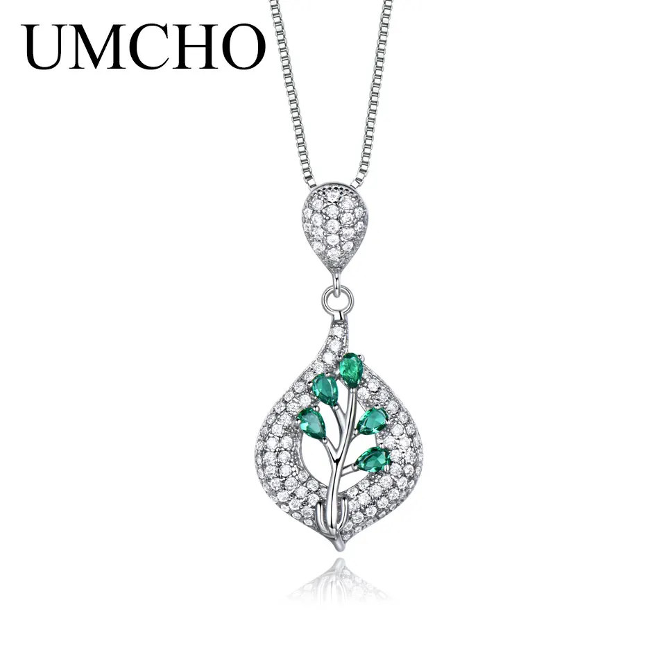 UMCHO Твердые 925 пробы Серебряный лист изумрудное ожерелье с подвеской драгоценный