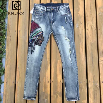 

F.N.JACK Denim Jeans Men's Casual Streetwear Skinny Ripped Biker Jeans for Men COOL GUY Zipper Fly Jeans Slim Fit Special